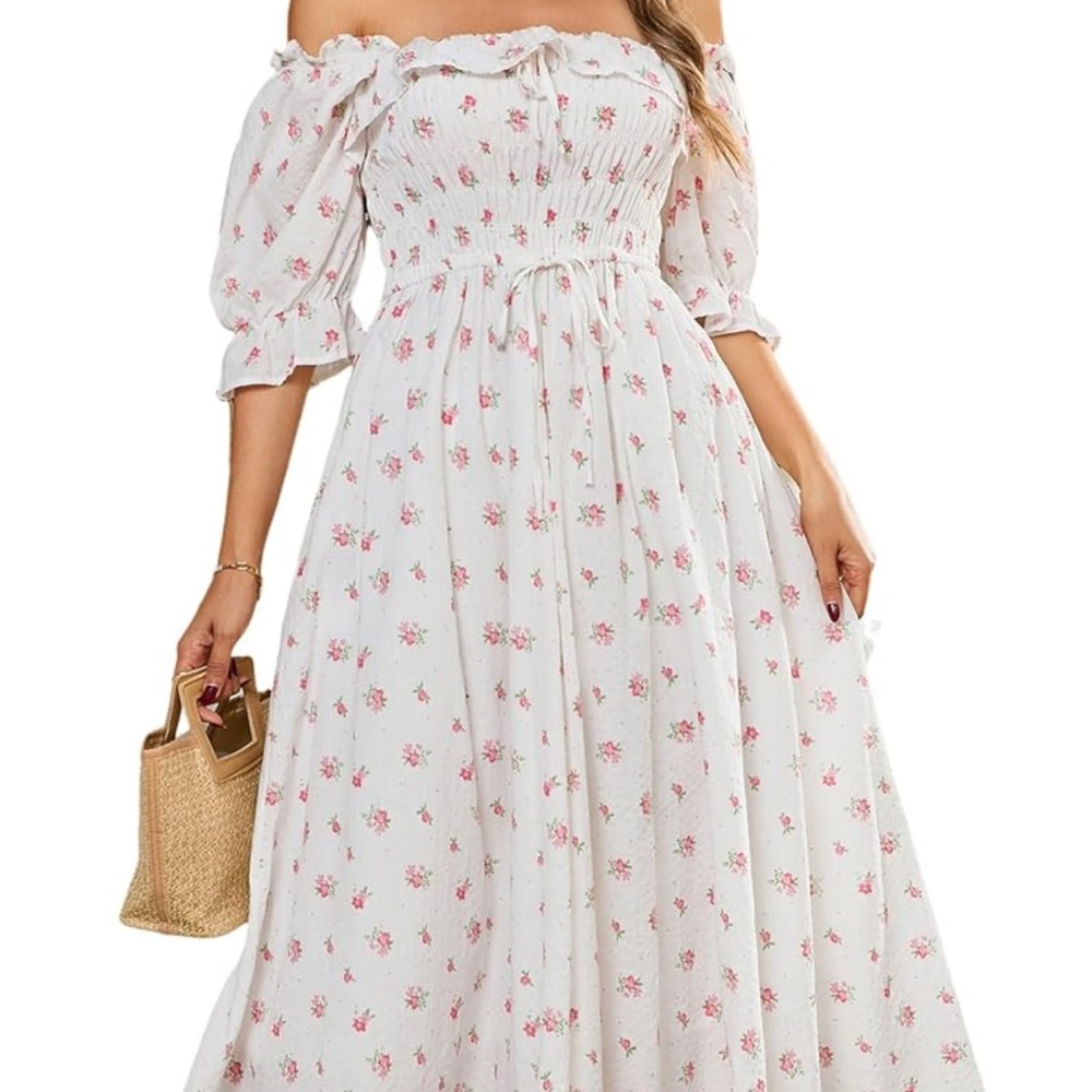 White and Pink Smocked Off-Shoulder Sundress